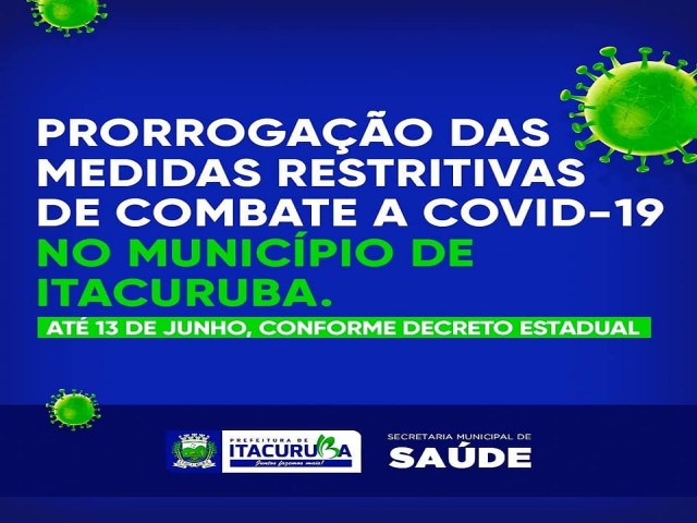A Prefeitura de Itacuruba, por meio de novo decreto, prorroga medidas de enfrentamento ao coronavrus, at 13 de junho.