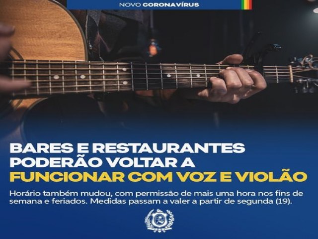 O Governo de Pernambuco autorizou, a partir da prxima segunda-feira (19), o retorno de apresentaes de msica ao vivo (voz e violo) em bares, restaurantes e eventos em todo o Estado.