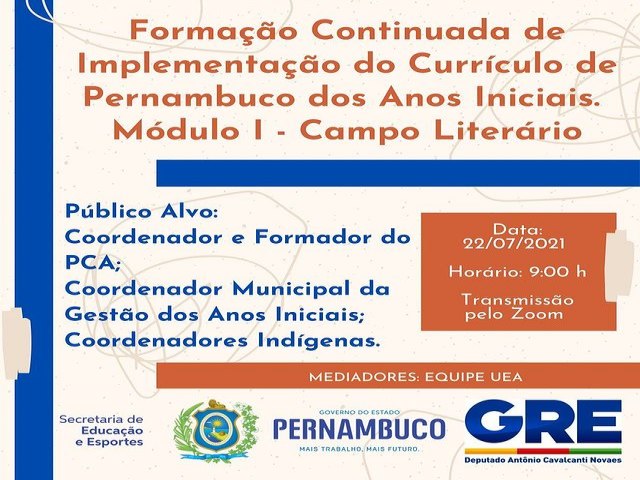 Formao Continuada de Implementao do Currculo de Pernambuco dos Anos Iniciais.
