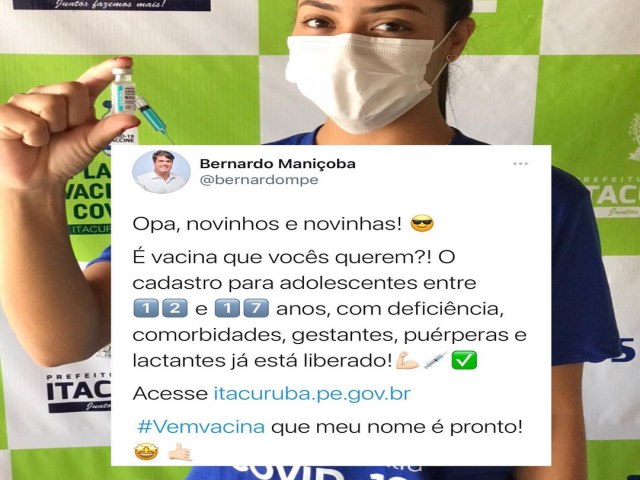 Prefeito Bernardo Manioba anuncia vacinao contra a COVIDE -19 para adolescentes entre 12 e 17 anos.