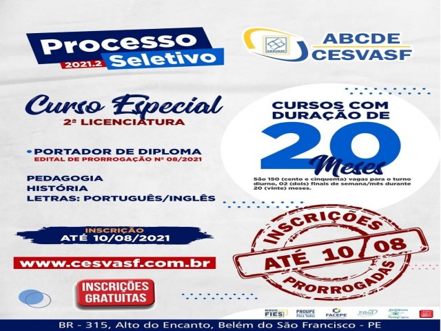 O CESVASF prorrogou as inscries do Processo Seletivo 2021.2 para ingresso nos cursos de graduao para Portadores de diploma.