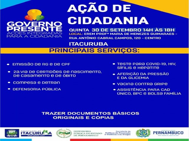 Nesta quinta-feira (30), Itacuruba receberá a Ação Governo Presente que disponibilizará diversos serviços de cidadania.