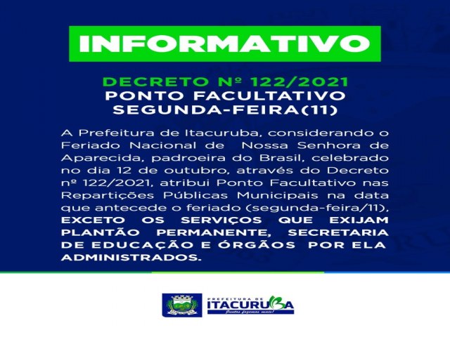 Itacuruba decreta ponto facultado na segunda-feira (11), dia que antecede o feriado de 12 de outubro, Dia da Padroeira do Brasil.