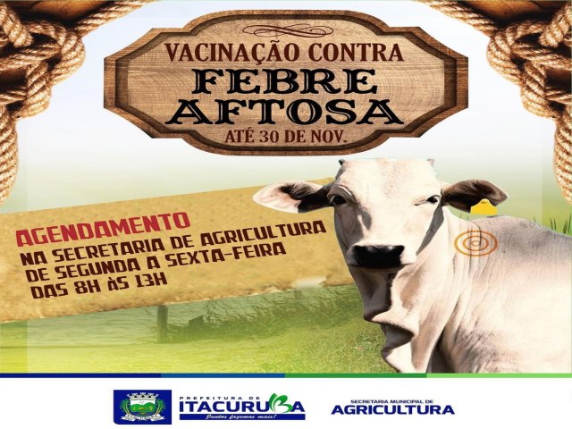 Chegou a hora de vacinar contra a febre aftosa. Todos os criadores de bovinos do município poderão fazer o agendamento para vacinar seu rebanho gratuitamente.