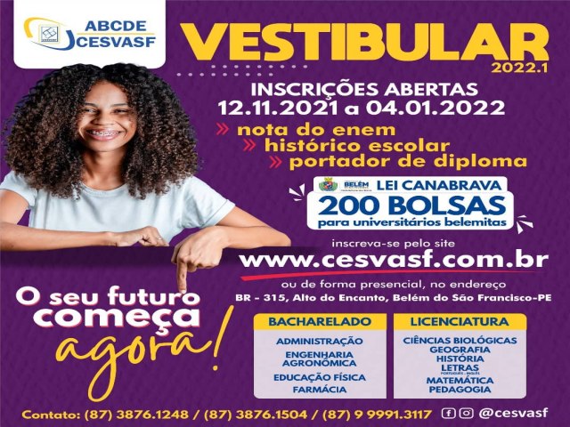 VESTIBULAR CESVASF 2022.1 Inscrições GRATUITAS para acesso ao ensino superior por meio de análise de histórico escolar, da nota do Enem ou como portador de diploma.