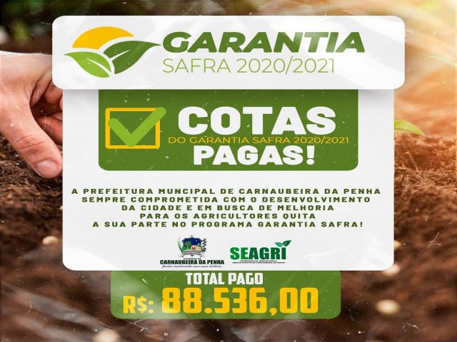  O pagamento das parcelas do aporte Municipal do Garantia Safra 2020/2021 foi quitada dentro do prazo, totalizando R$ 88.536,00 reais investidos. O município conclui assim suas obrigações em relação ao programa.