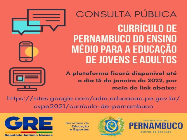 Consulta Pública.  Currículo de Pernambuco do Ensino Médio para a Educação de Jovens e Adultos.