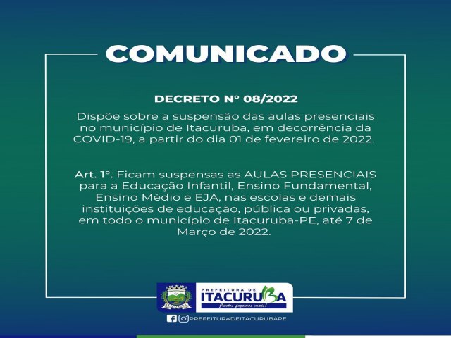 A Prefeitura de Itacuruba suspende as AULAS PRESENCIAIS , até 7 de março de 2022.