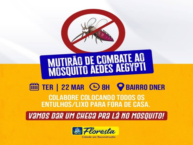 Nota da Prefeitura de Floresta Hoje, a partir das 8h, estaremos no bairro DNER realizando o mutirão contra o mosquito da dengue. 
