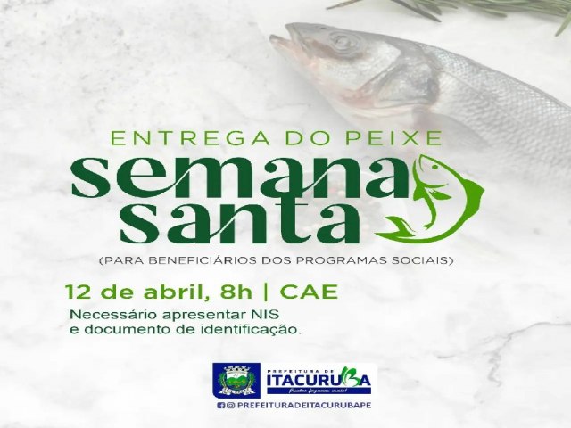 A gestão municipal, através da Secretaria de Desenvolvimento Social, Mulher e Juventude, vai realizar a entrega dos peixes, hoje (12), às 8h, no CAE.