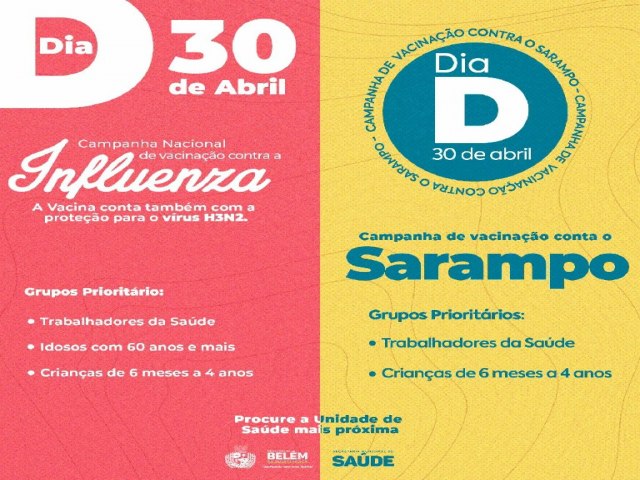 A Prefeitura Municipal de Belém do São Francisco, através da Secretaria Municipal de Saúde informa que neste sábado, 30 de abril, será o D da campanha contra Influenza e Sarampo.