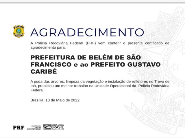 Prefeito de Belém do São Francisco, Gustavo Caribé, recebe agradecimentos da PRF (Polícia Rodoviaria Federal) 