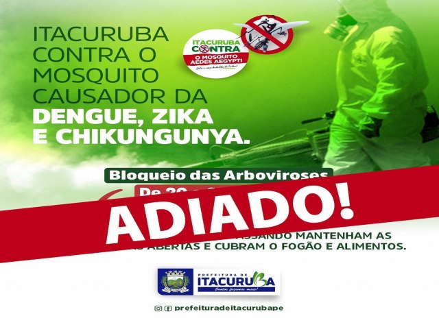 Informamos à população que  ação contra o mosquito da dengue, programada para iniciar nesta sexta (20), precisou ser suspensa por conta do tempo chuvoso. 