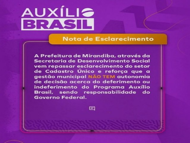 Prefeitura de Mirandiba divulga nota sobre bloqueios e cancelamentos do Auxílio Brasil