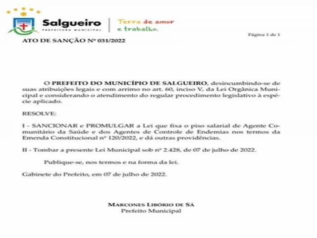 Salgueiro: Lei que garante o piso salarial dos agentes de saúde e agente de endemias é sancionada