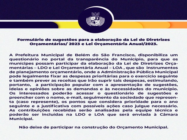 Formulrio de sugestes para a elaborao da Lei de Diretrizes Oramentrias/ 2023 e Lei Oramentria Anual/2023.