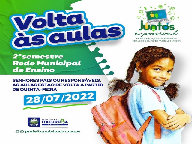 Prefeitura de Itacuruba  A partir da próxima quinta-feira (28), as unidades escolares estarão de portas abertas para receber os nossos alunos,