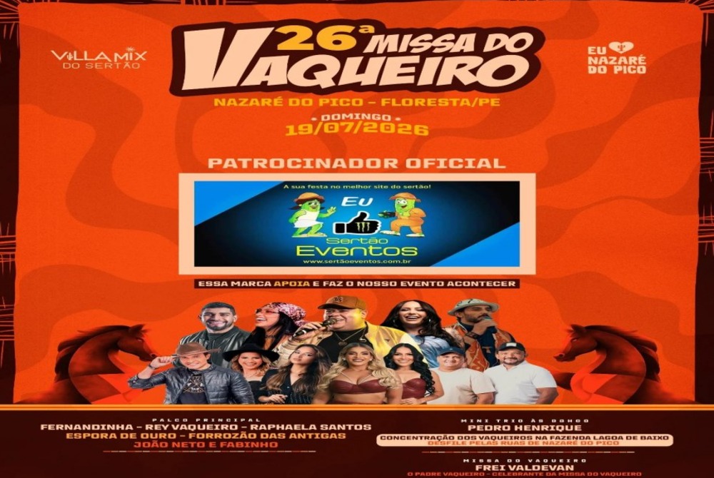 O Sertão Eventos é o único portal de cobertura oficial presente em todas as edições da Missa do Vaqueiro no distrito de Nazaré do Pico, em Floresta-PE. O Sertão Eventos é o único portal de cobertura oficial presente em todas as edições da Missa do Vaqueiro no distrito de Nazaré do Pico, em Floresta-PE.