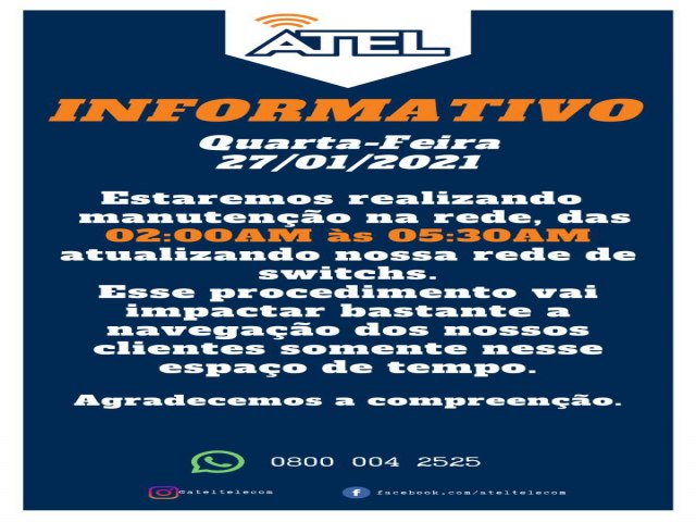 Informativo da Atel Telecom aos seus clientes