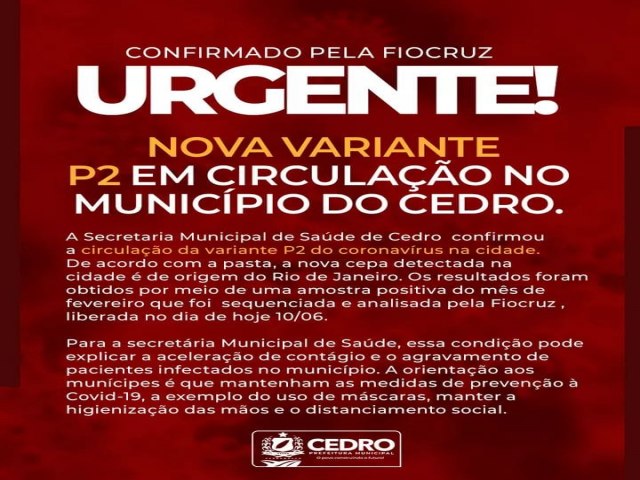 Prefeitura do Cedro-PE confirma existncia na cidade da variante P2 do coronavirus