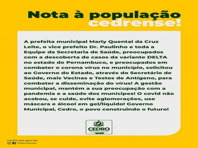 Preocupada com variante Delta, Prefeitura do Cedro pede mais vacinas e testes antgenos ao Governo de Pernambuco