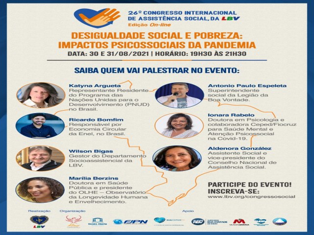 Evento Internacional de Assistncia Social da LBV vai discutir o tema Desigualdade social e pobreza: impactos psicossociais da pandemia