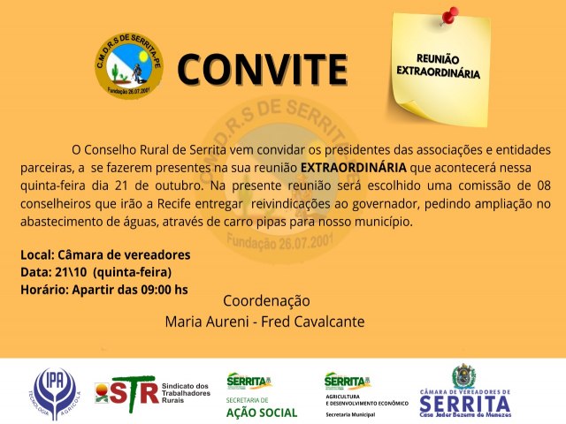 Conselho Rural de Serrita convida os presidentes de associaes e entidades parceiras para uma reunio extraordinria no prximo dia 21 de outubro