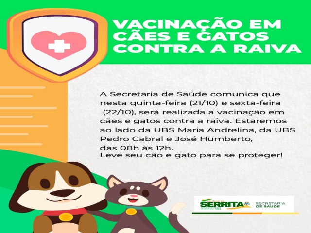 Serrita inicia vacinao de ces e gatos contra a raiva, a partir desta quinta-feira