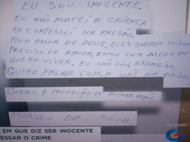 Suposto assassino de Beatriz escreve carta dizendo-se inocente: 