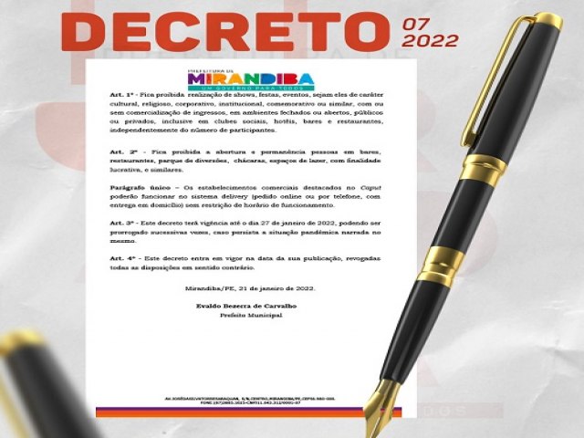 Decreto do prefeito de Mirandiba proíbe eventos e fecha bares, restaurantes e clubes