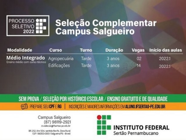 Campus Salgueiro do IFSertãoPE faz Processo Seletivo Complementar para preenchimento de vagas remanescentes