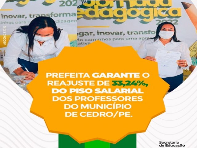 Prefeita do Cedro-PE assina projeto de lei que garante reajuste de 33,24% aos professores da Rede Municipal 