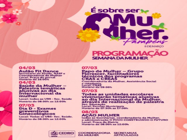 Prefeitura do Cedro divulga programação da Semana da Mulher