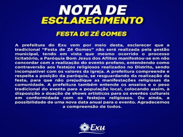 Prefeitura de Exu decide no realizar tradicional festa de distrito depois de parquia no concordar com evento profano