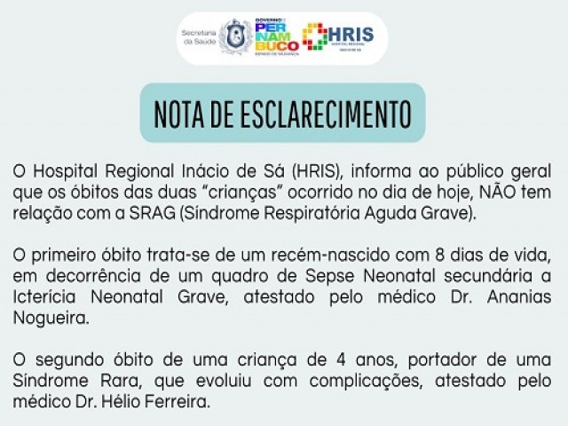 Hospital Regional de Salgueiro rebate informao de pediatra e nega mortes de crianas por Sndrome Respiratria Aguda Grave