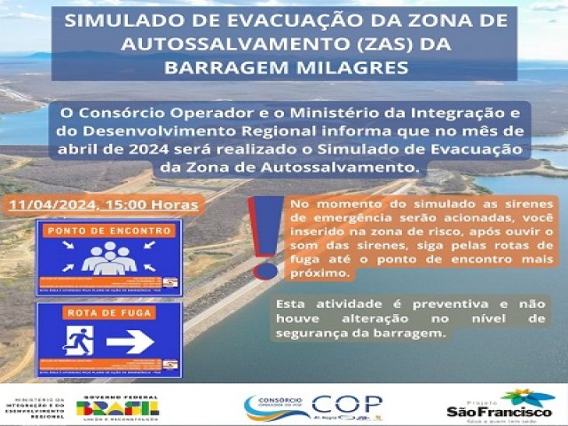 Ministrio da Integrao vai realizar Simulado de Evacuao da Barragem de Milagres em reas rurais de Salgueiro e Verdejante
