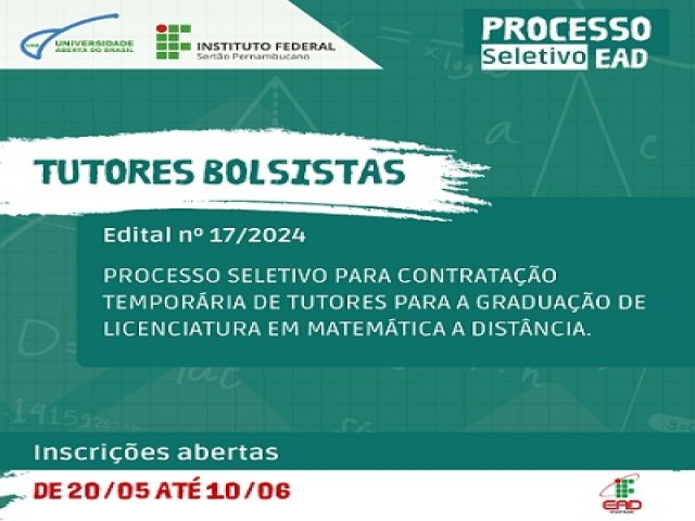 IFSertoPE contrata tutores bolsistas para graduao de Matemtica EaD em Salgueiro e outras quatro cidades