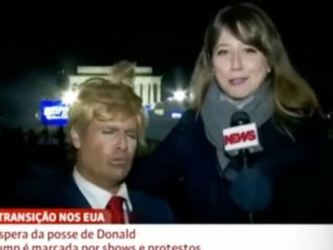 Humorista do 'Pnico' engana reprter durante cobertura da posse de Trump; assista ao vdeo