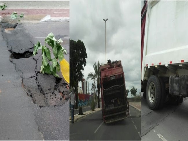 Caminho do lixo afunda no asfalto na Orla II de Petrolina