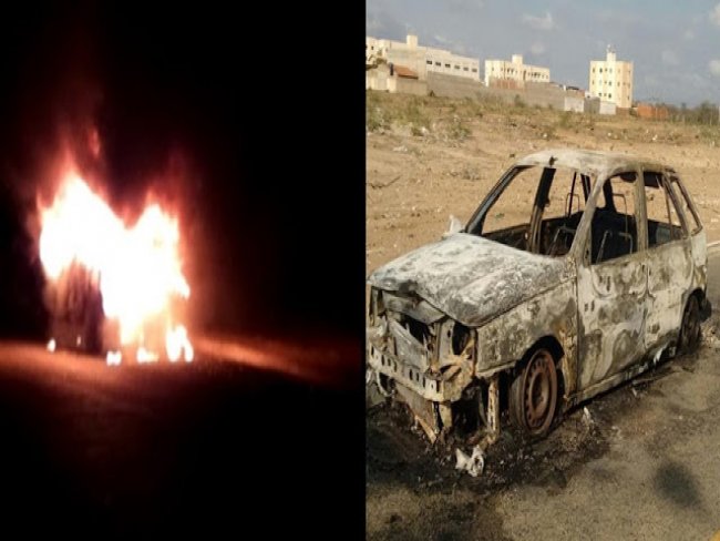 Carro pega fogo e fica totalmente destrudo, no bairro Fernando Idlio, em Petrolina-PE