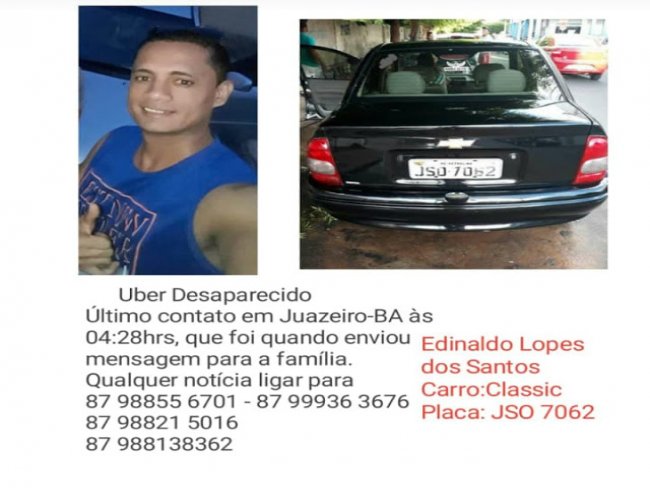 Motorista de Uber desaparece em Juazeiro e famlia procura informaes