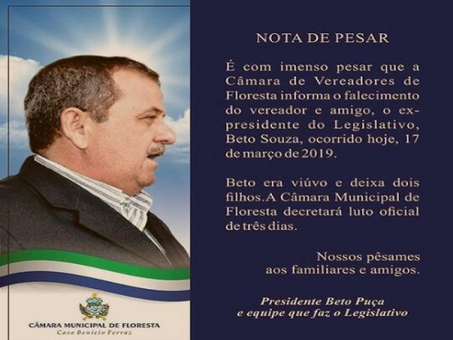 Cmara de vereadores de Floresta decreta luto oficial de trs dias aps assassinato do vereador Beto Souza