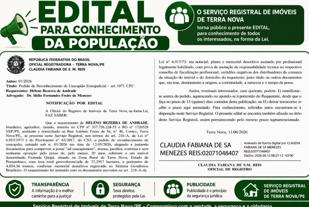 Pedido de Reconhecimento de Usucapi�o Extrajudicial ? art.1071 CPC