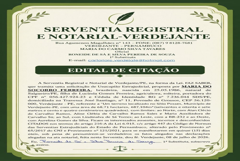 EDITAL DE CITA��O - SERVENTIA REGISTRAL E NOTARIAL - VERDEJANTE 