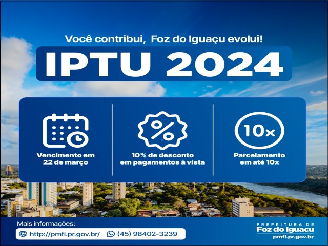 Boletos do IPTU 2024 j esto disponveis no site da Prefeitura de Foz