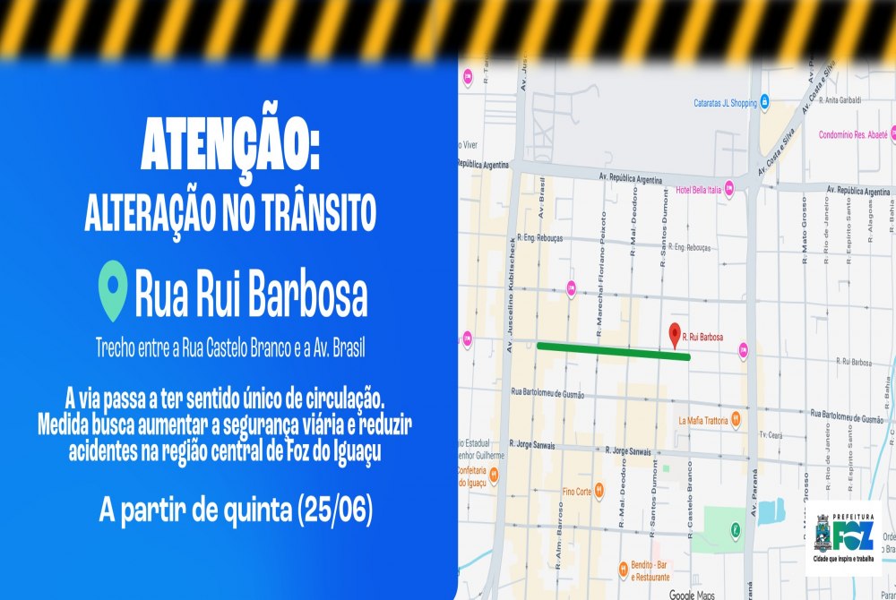 Aten��o motoristas! Rua Rui Barbosa ter� sentido �nico entre a Castelo Branco e a Avenida Brasil