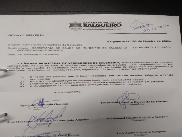 Vereadores da Bancada da Verdade em Salgueiro solicitam ao secretrio de sade Transparncia e Celeridade na campanha de vacinao contra a COVID-19
