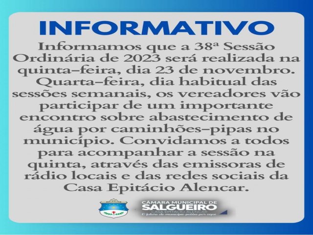 38 Sesso Ordinria da Cmara de Vereadores de Salgueiro  adiada para prxima quinta feira