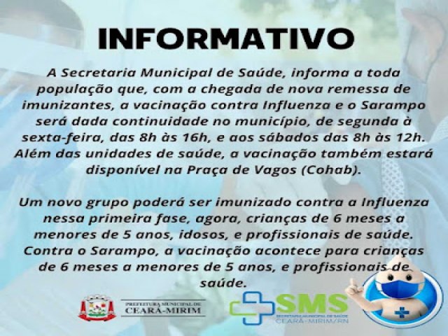 SMS de Ceará-Mirim informa chegada de vacinas contra sarampo e influenza