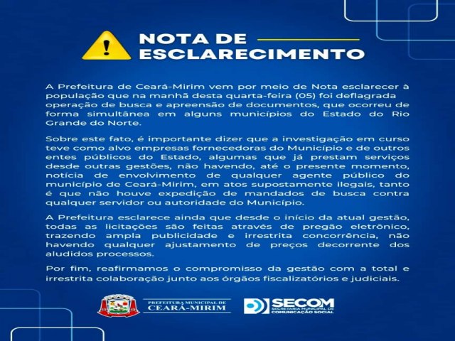 Prefeitura de Ceará-Mirim emite Nota de Esclarecimento
